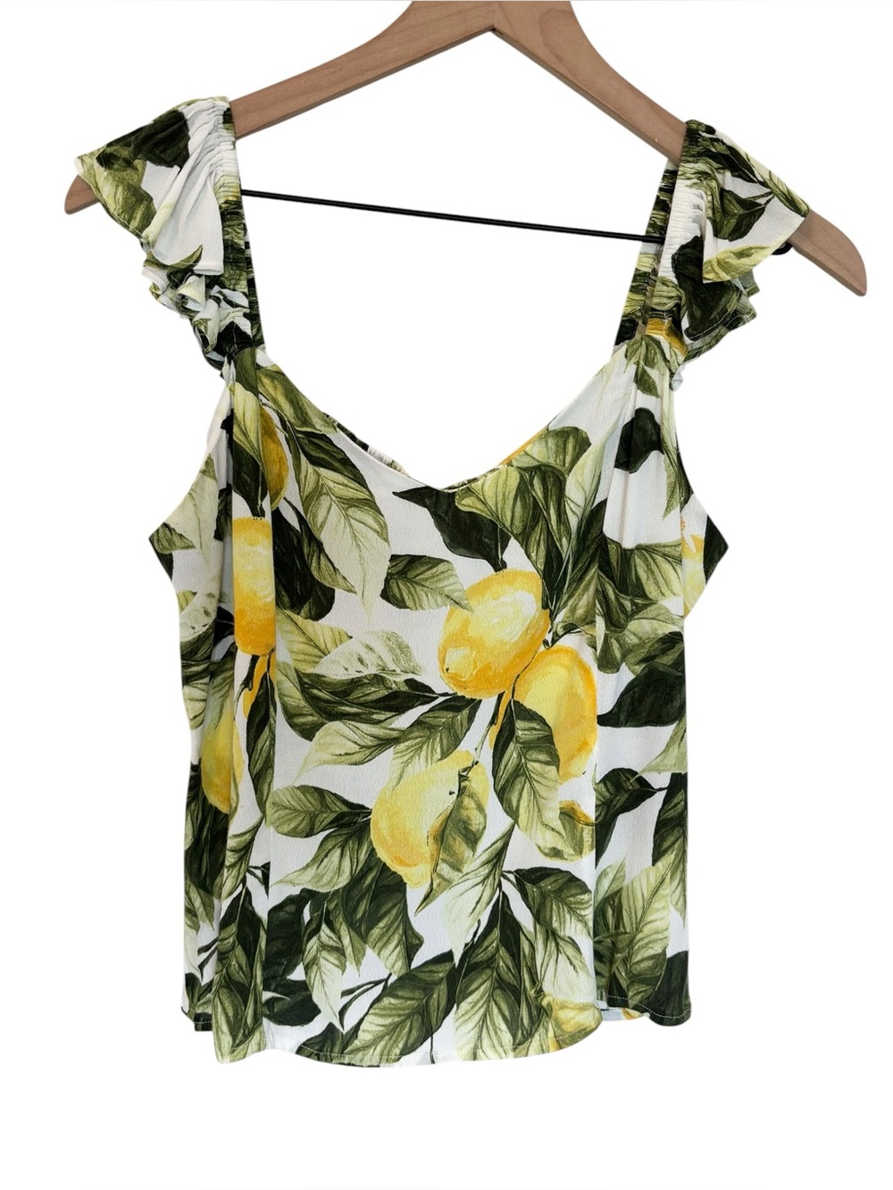 H&M Baby Doll Tank Lemon Floral Pattern Ruffle Sleeves Stretch Back Size M